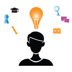 white background with monochrome profile person and light bulb with icons in circular frames of academic knowledge elements