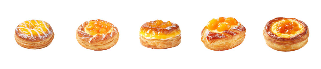 Assortment of golden baked pastries with sweet orange fruit filling and cream icing, perfect for bakery marketing, food blogs, and recipe design PNG set Transparent backround