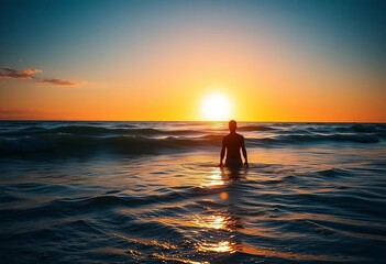 Silhouette of a wet figure in the ocean at sunrise, photography, wet