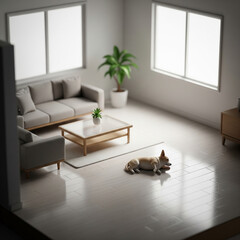 Chiens dans un salon minimaliste