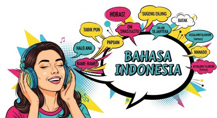 Woman Learning Indonesian Language with Headphones and Speech Bubbles.