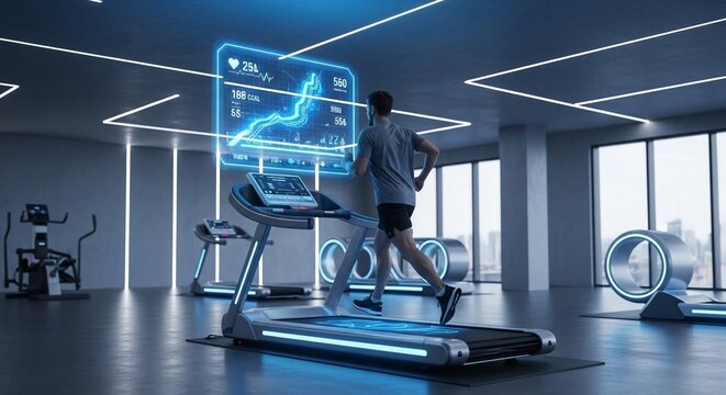 Man running on futuristic treadmill with holographic display showing fitness data in modern gym