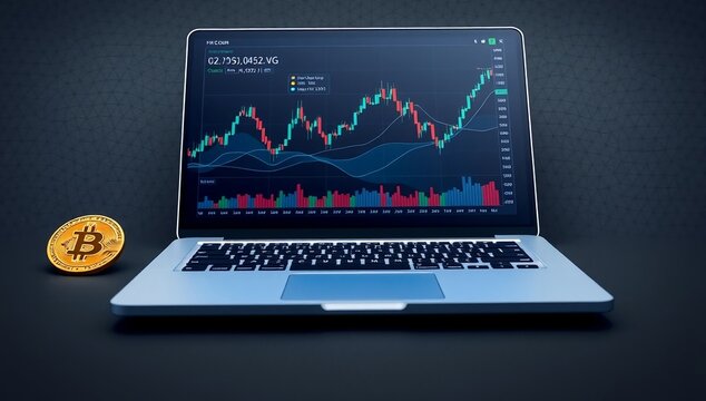 Dynamic Bitcoin trading chart on laptop screen with physical coin, illustrating digital finance growth and investment - Powered by Adobe