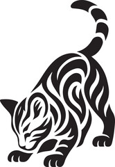 Black and white tribal cat playful crouch, Feline silhouette in stylized design