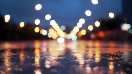 A blurred view of a city street at dusk, with colorful bokeh lights reflecting on a wet pavement. - Powered by Adobe