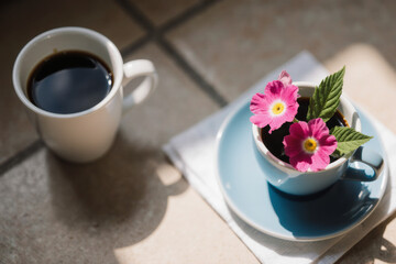 White ceramic mug with black coffee, blue saucer, white napkin, and small white cup with pink flowers and green leaves.