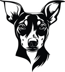 Obraz premium Rat Terrier head silhouette with upright ears, sharp muzzle, and focused eyes in black vector
