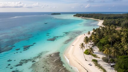 Aerial view of a tropical island beach with turquoise water