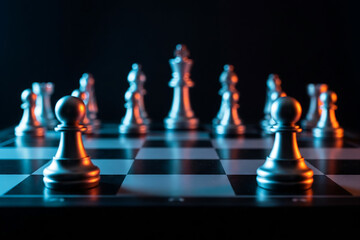 Two armies of chess pieces face off on a dark board