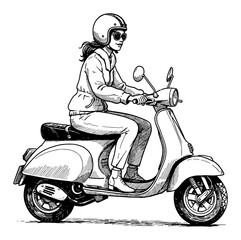 Woman Riding Classic Vespa Scooter Wearing Helmet Sunglasses Side View Black and White Outline Line Art Drawing