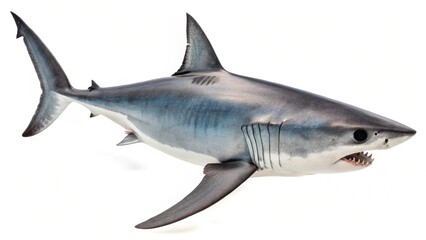 Fototapeta premium Longfin Mako Shark with sleek body and long fins displayed on a clean white studio background, sharp focus, and professional studio lighting