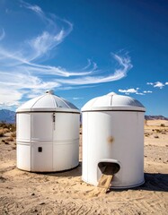 Two white cylindrical structures in a desert landscape.  A partly cloudy, vibrant blue sky fills the background