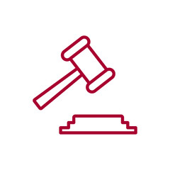 Minimalist red outline icon of a judge's hammer and block for concepts of law and justice