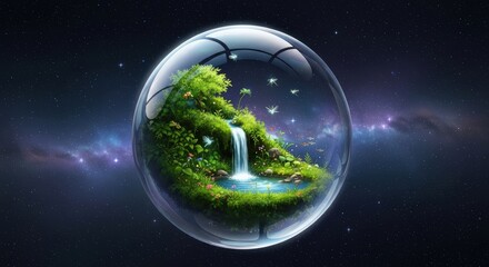 Miniature Ecosystem in a Glass Sphere Floating in Space.