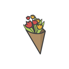 Hand-Drawn Bouquet of Red and Yellow Tulips in a Brown Paper Cone