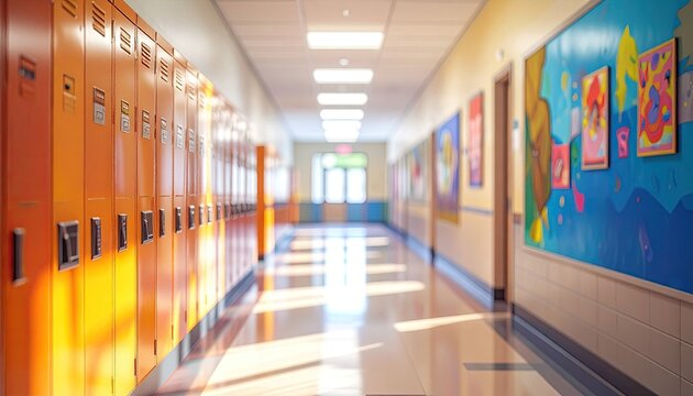 School hallway with lockers and colorful art (1)