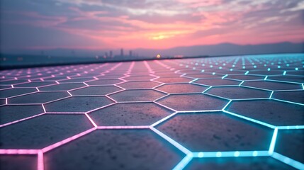 Pink and blue glowing hexagon grid on textured surface at sunset