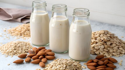 Three glass bottles of creamy plant based milk with oats and almonds