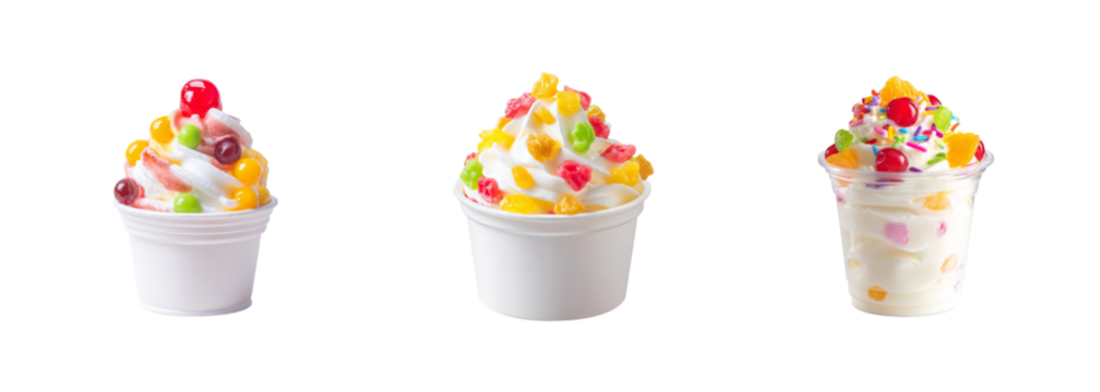 Three colorful frozen yogurt cups with assorted fruit toppings and sprinkles, perfect for summer advertising PNG set Transparent backround