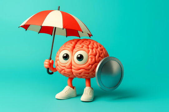 Cute brain character with umbrella and shield on teal background - Powered by Adobe