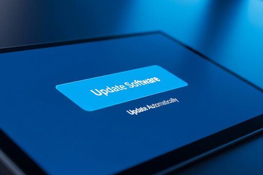 Tablet screen displaying software update notification with blue background