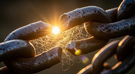 Rusty metal chain links illuminated by a bright sun flare.