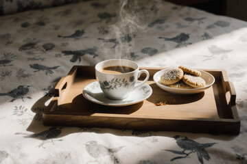 Wooden tray with white floral teacup, steaming coffee, and sprinkled cookies on a bird-patterned...
