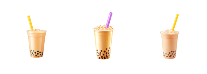 Refreshing bubble tea drinks with tapioca pearls and straws on black background PNG set Transparent backround