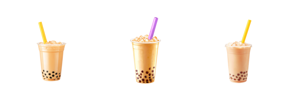 Refreshing bubble tea drinks with tapioca pearls and straws on black background PNG set Transparent backround