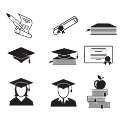 Graduation and education icons set. University and student, apple and person, undergraduate and diploma, book and certificate, vector illustration