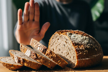 Person refusing bread with hand gesture indicating no gluten