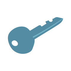 Simple, blue key icon on a white background representing access and security