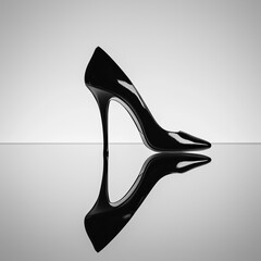 Glossy black patent stiletto pump on a reflective surface, minimalist studio shot with sleek silhouette and mirror-like symmetry.