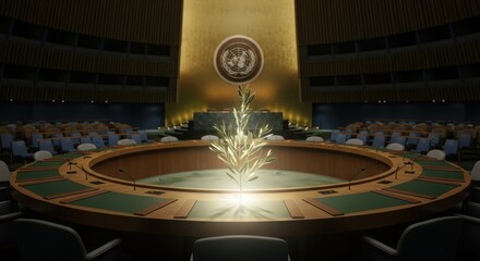 International Assembly Hall with Glowing Central Object.