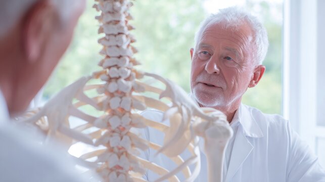 Senior caucasian man doctor explaining spinal anatomy using a human skeleton model. Medical education and orthopedic consultation concept.