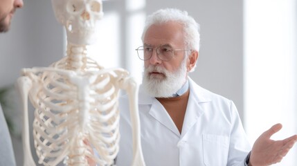 Older man doctor in white lab coat explaining human skeleton model to male patient, medical education concept.