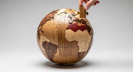 Hand inserting block into wooden globe piggy bank representing global investment and savings.