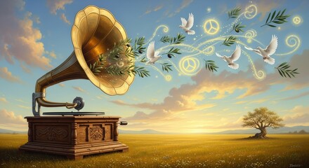 Gramophone Emitting Nature and Life in a Serene Landscape.
