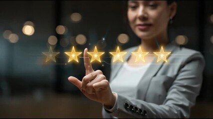 Professional pointing submits a positive testimonial via a AI review screen, star icons and user-friendly design elements emphasize ease of use and genuine customer approval.
