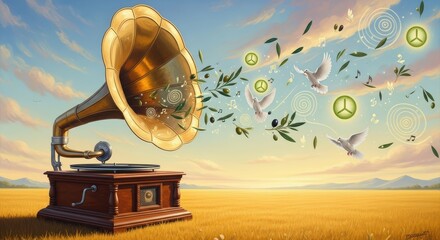 Gramophone Spreading Peace and Harmony in a Golden Landscape.