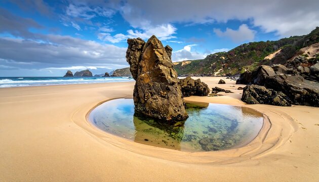 Coastal rock formation, tranquil beach scene