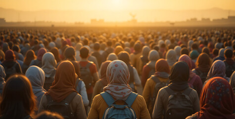Refugee Crowd Crossing Border in Humanitarian Disaster Zone