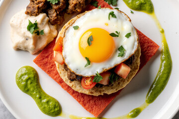 Elegant breakfast plate featuring a sunny-side-up egg, tomato slices, crispy meat, creamy sauce, and vibrant green salsa on a red napkin.