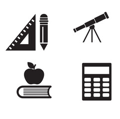 Education icons vector. School sign and symbol. Calculator, ruler, pencil and apple