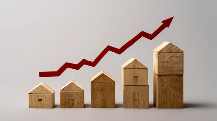 Wooden blocks with houses and a red arrow pointing up, a line graph of property prices, a minimalistic style dungeon scene, all on a white background