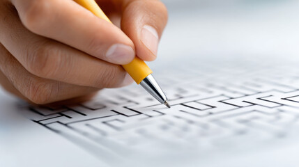 Close up of focused hand sketching solution path through complex maze. Solving puzzle requires logic, strategy and presents significant challenge for person