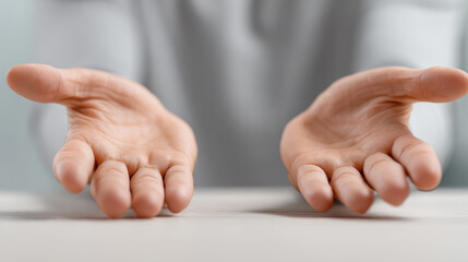 Person with open hands showing welcoming gesture of support and care. concept of giving and receiving help, with empty palms facing up on desk. minimal and sincere pose