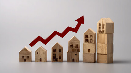 Wooden blocks with houses and a red arrow pointing up, a line graph of property prices, a minimalistic style dungeon scene, all on a white background