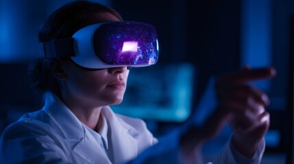 Woman scientist exploring virtual galaxy with VR headset. Researcher studying cosmic data in metaverse. Future technology, AI concept.
