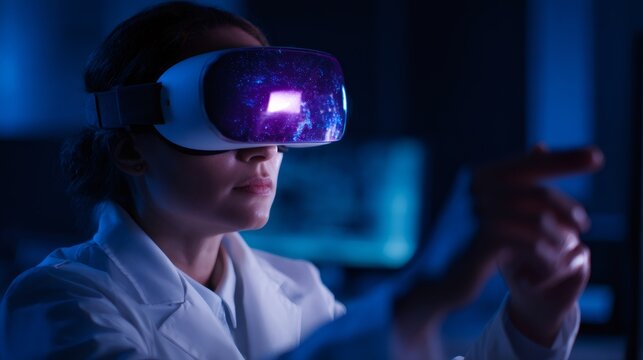 Woman scientist exploring virtual galaxy with VR headset. Researcher studying cosmic data in metaverse. Future technology, AI concept. - Powered by Adobe